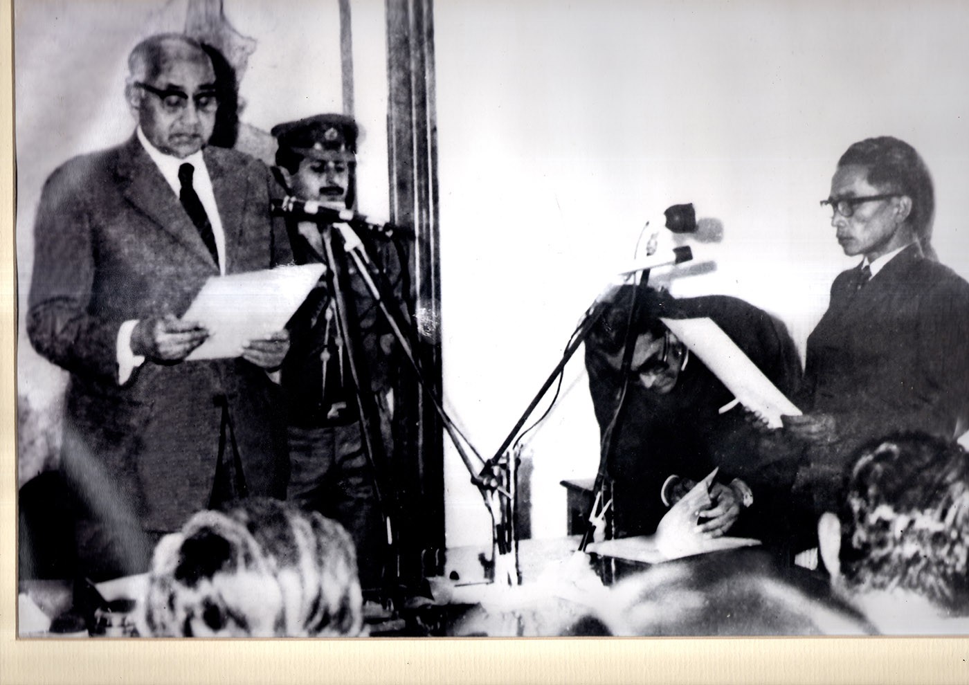 Pu T. Gougin swearing in as Deputy Minister in 1974. T. Gougin is also a writer and journalist, who founded the Zo Reunification Organisation.