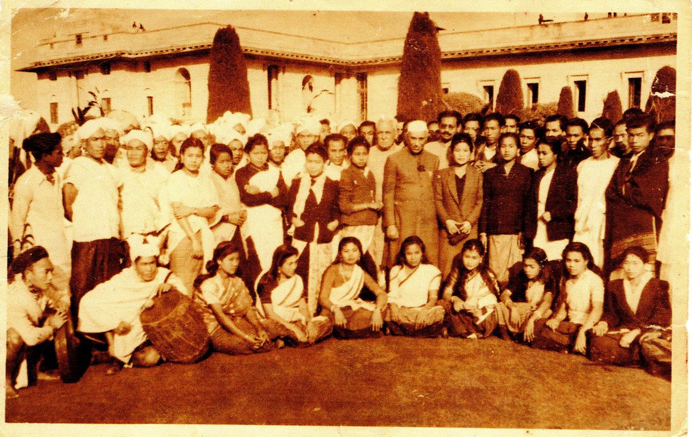 Cultural delegation from Manipur posing for a photo with the then Prime Minister of India, Pandit Jawaharlal Nehru on Republic Day of 1952