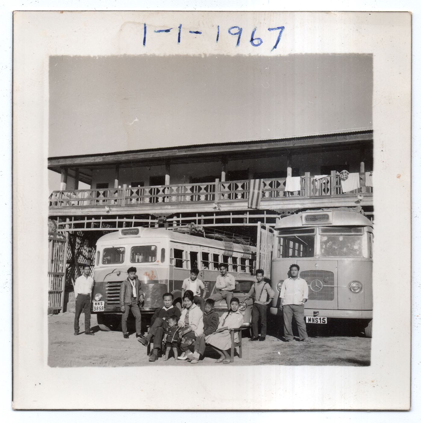 Mahajon and his Buses - Mahajon Kampu Gangte clicks a family photograph in front of his Mercedes and Ashok Leyland buses which operate as a service bus between Churachandpur to Imphal (circa 1967).